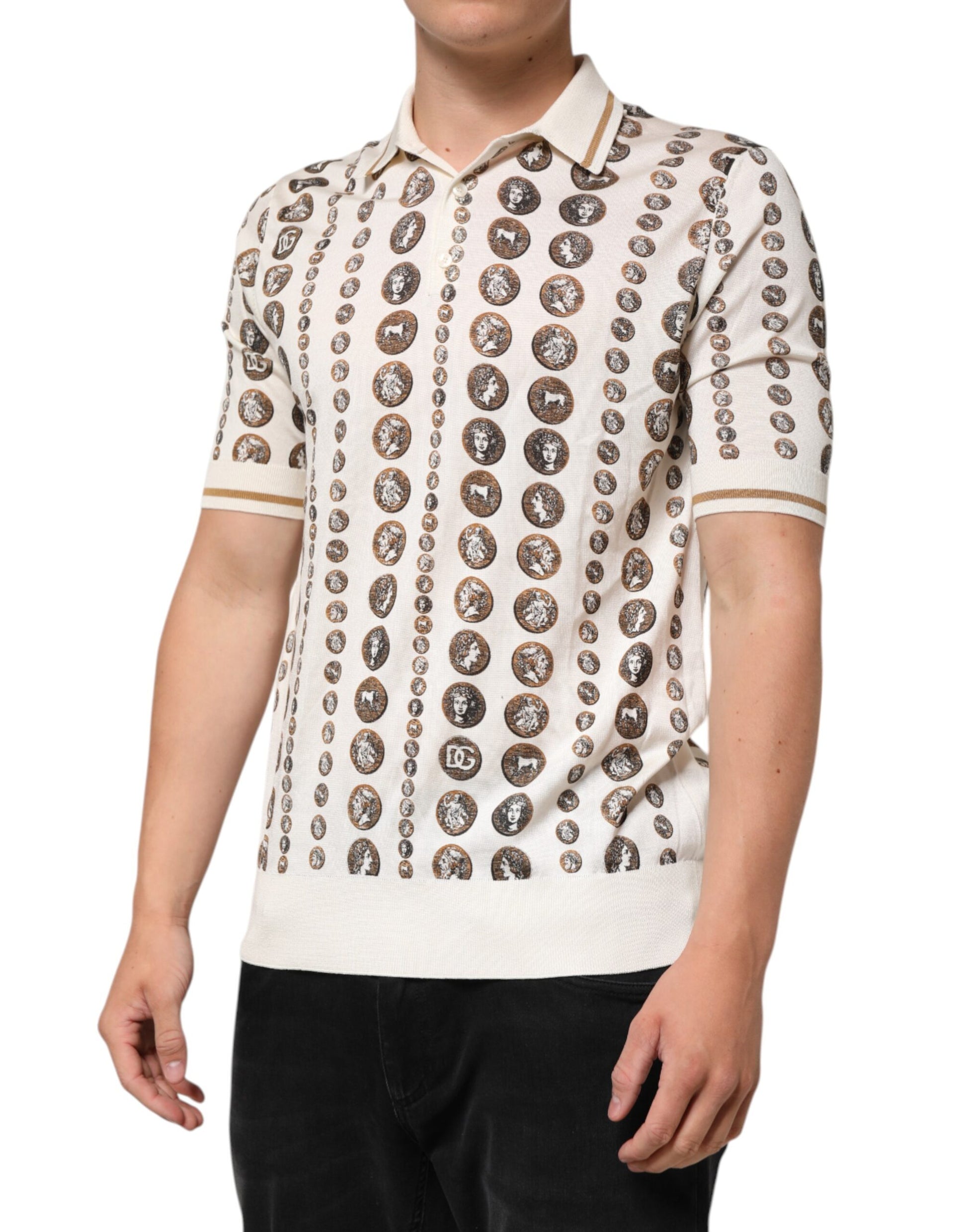 Dolce & Gabbana Silk Ivory Coin Print Logo Men Polo T-shirt