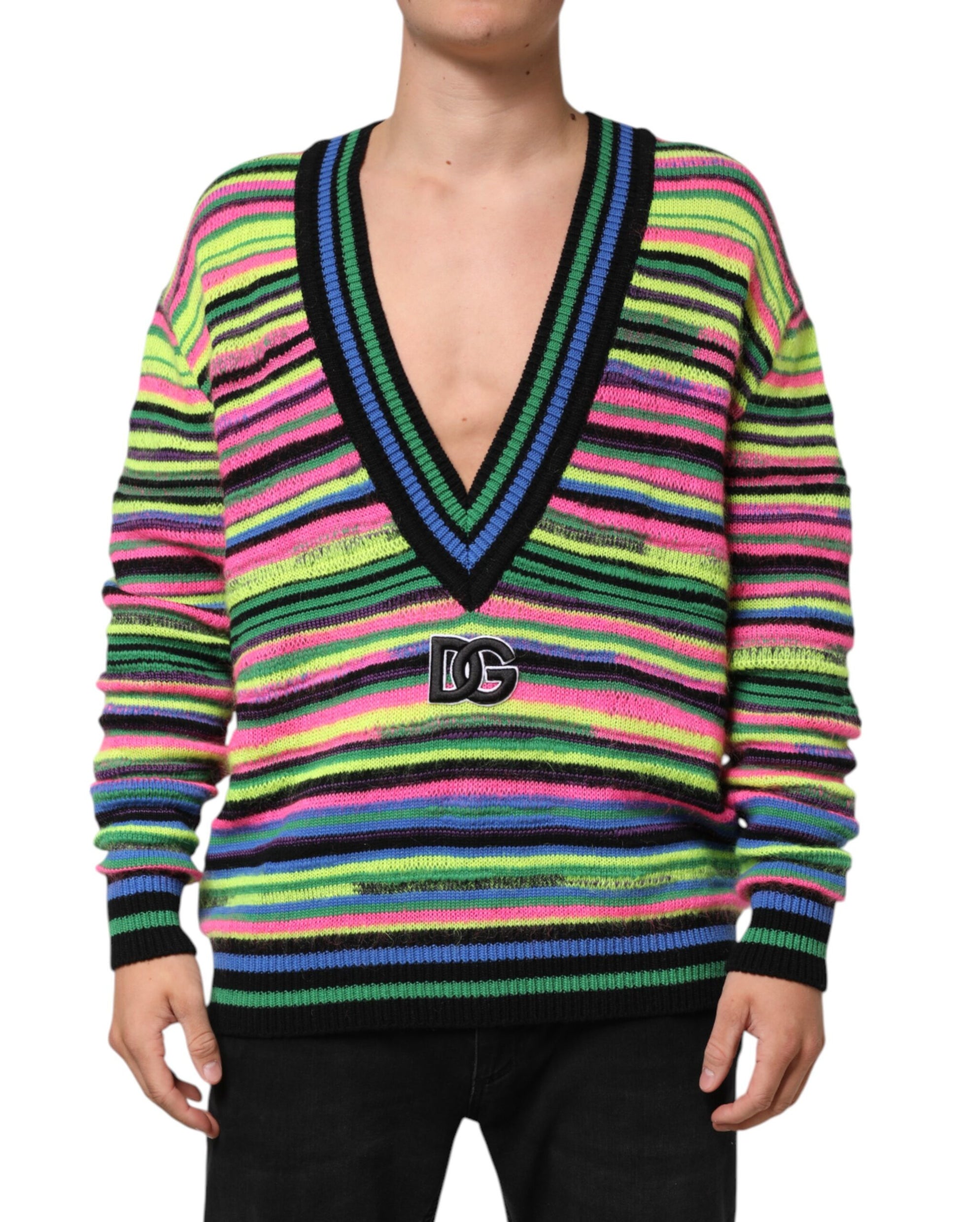 Dolce & Gabbana Multicolor DG Logo V-Neck Knit Pullover Sweater