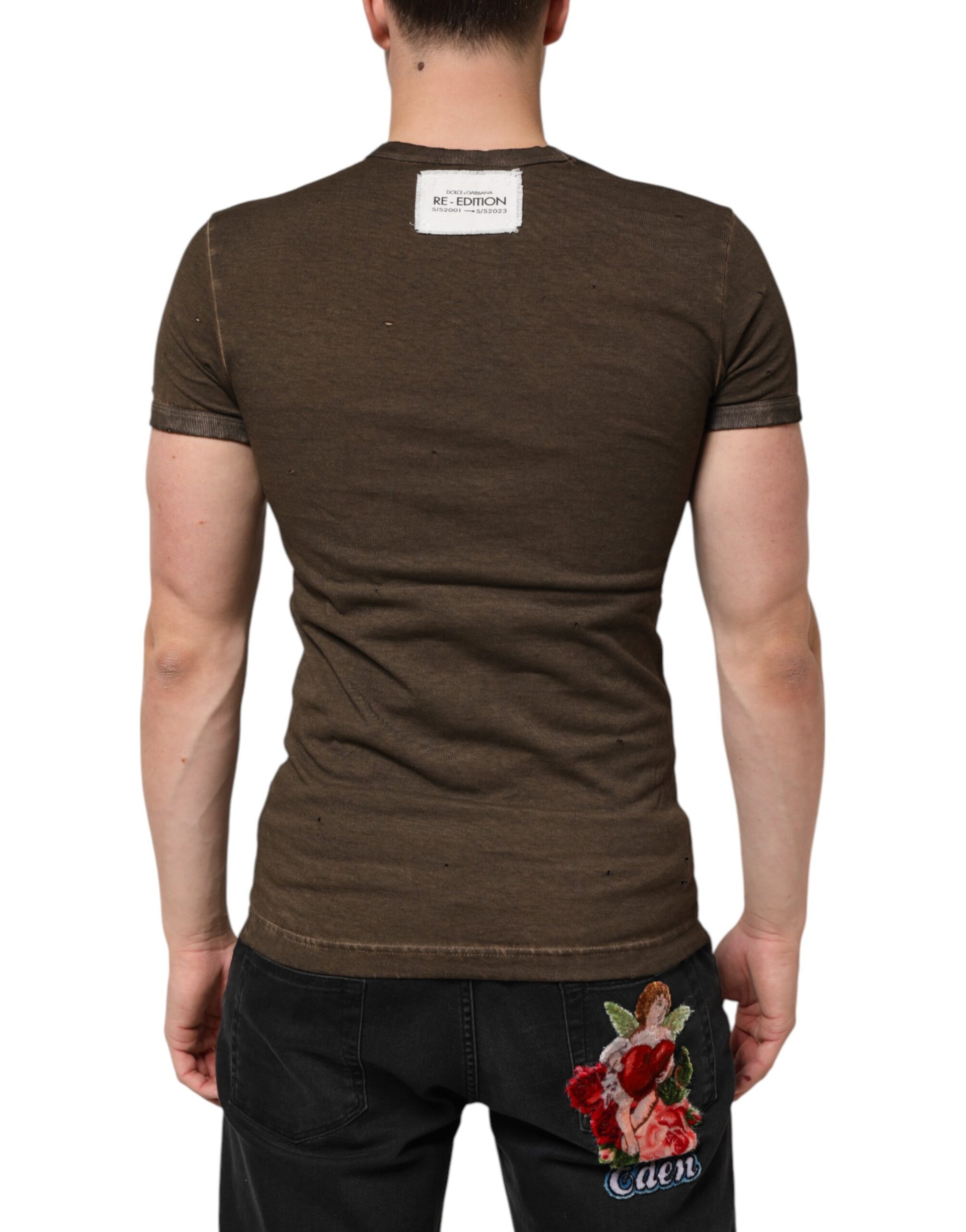 Dolce & Gabbana Dark Brown Cotton Tattered Logo Men T-shirt
