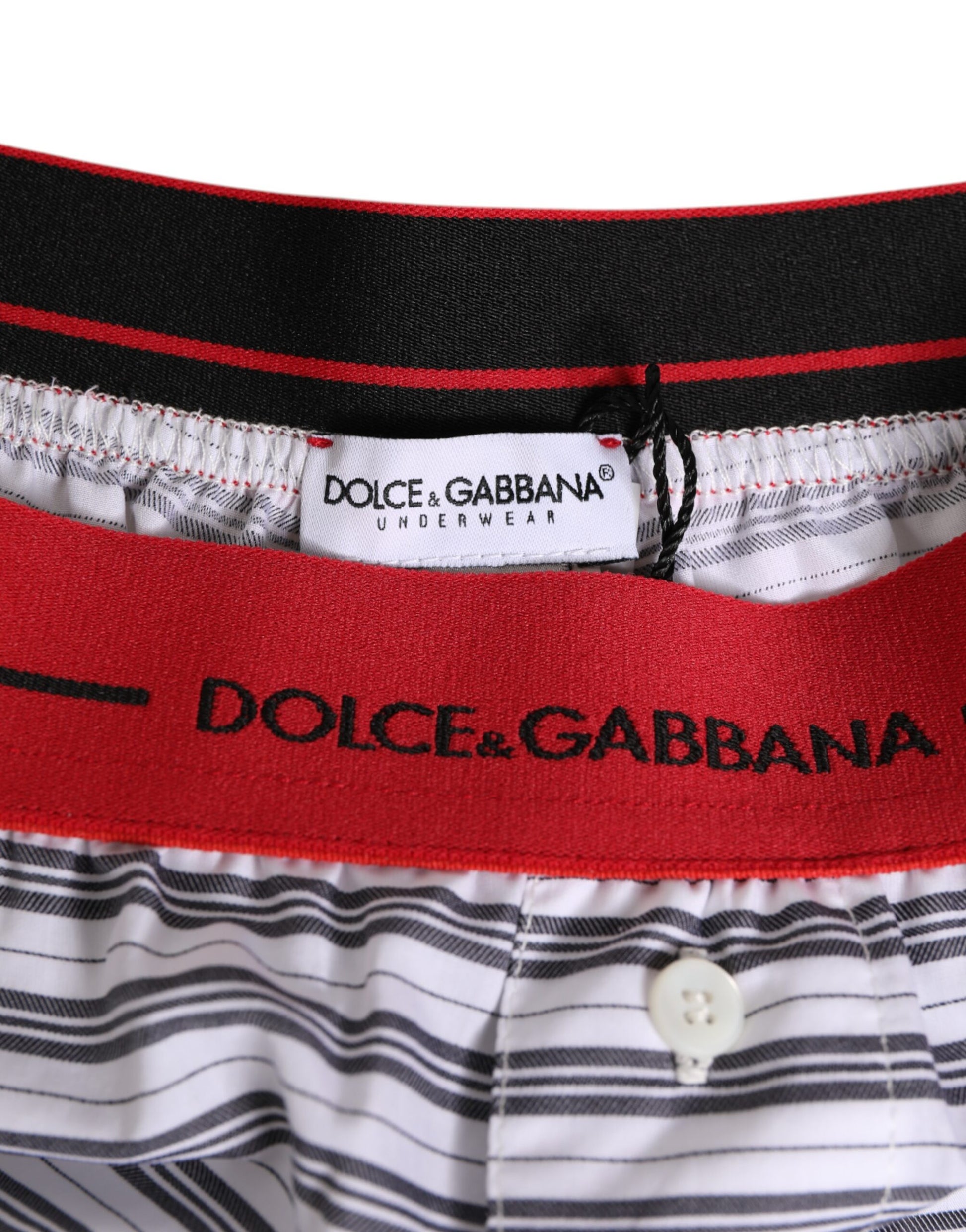 Dolce & Gabbana White Striped Cotton Red Waistband Shorts Swimwear