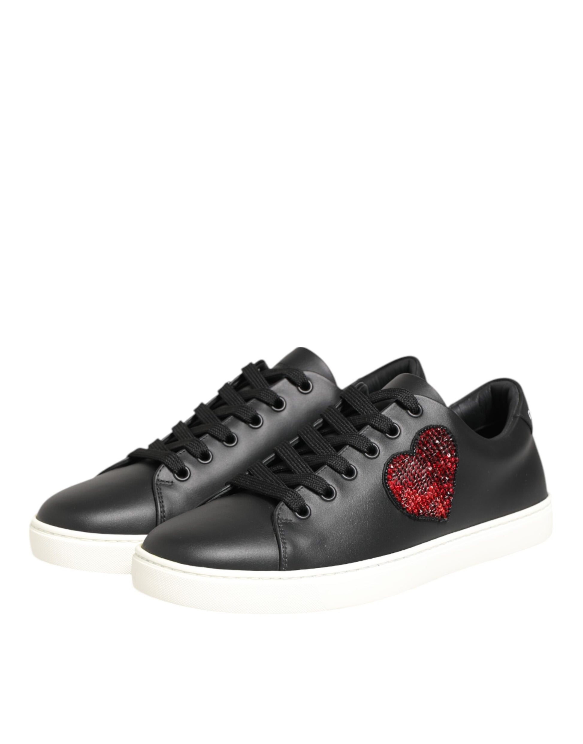 Dolce & Gabbana Black White Leather Crystal Heart Sneakers Shoes