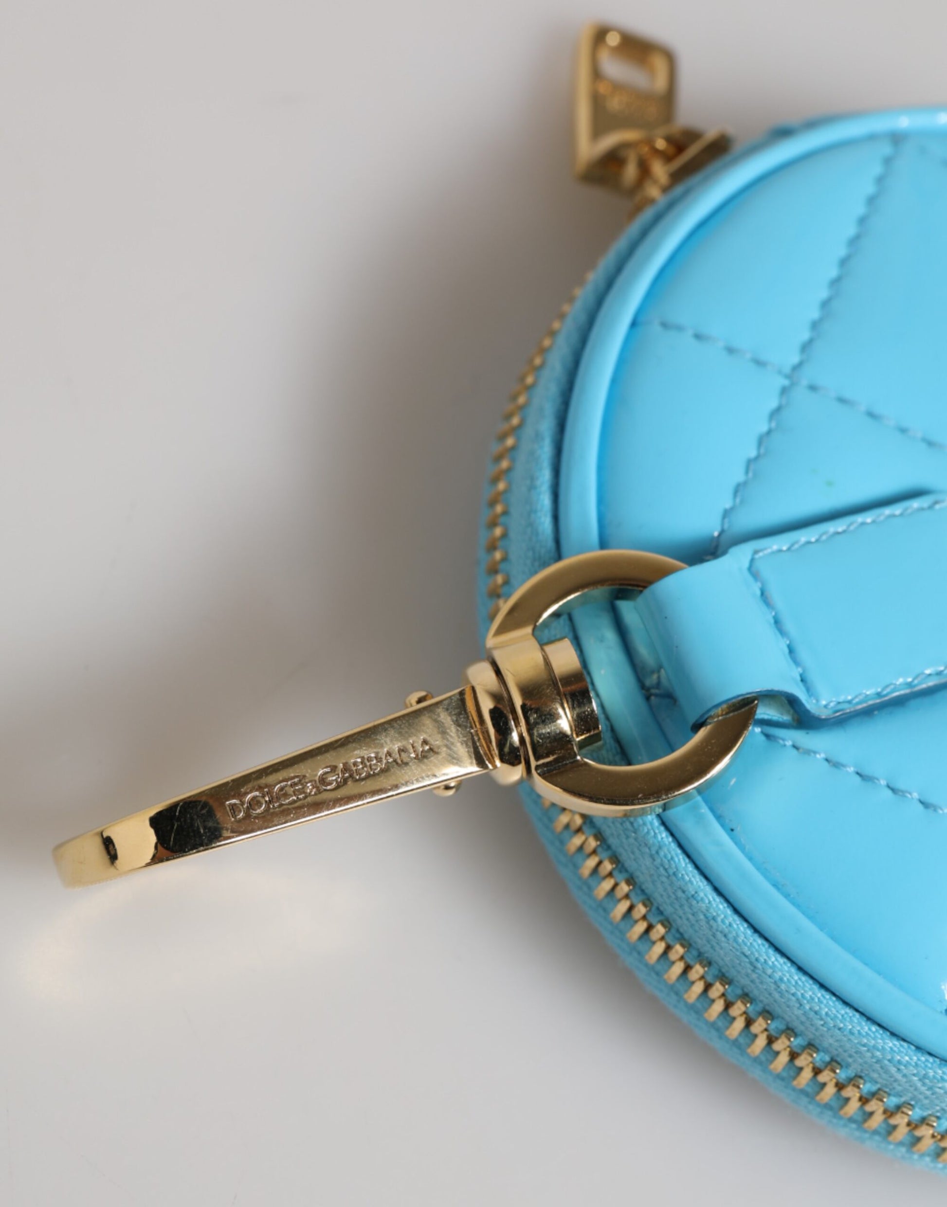 Dolce & Gabbana Azure Blue Leather Round Coin Purse Keychain Crystal Logo Wallet