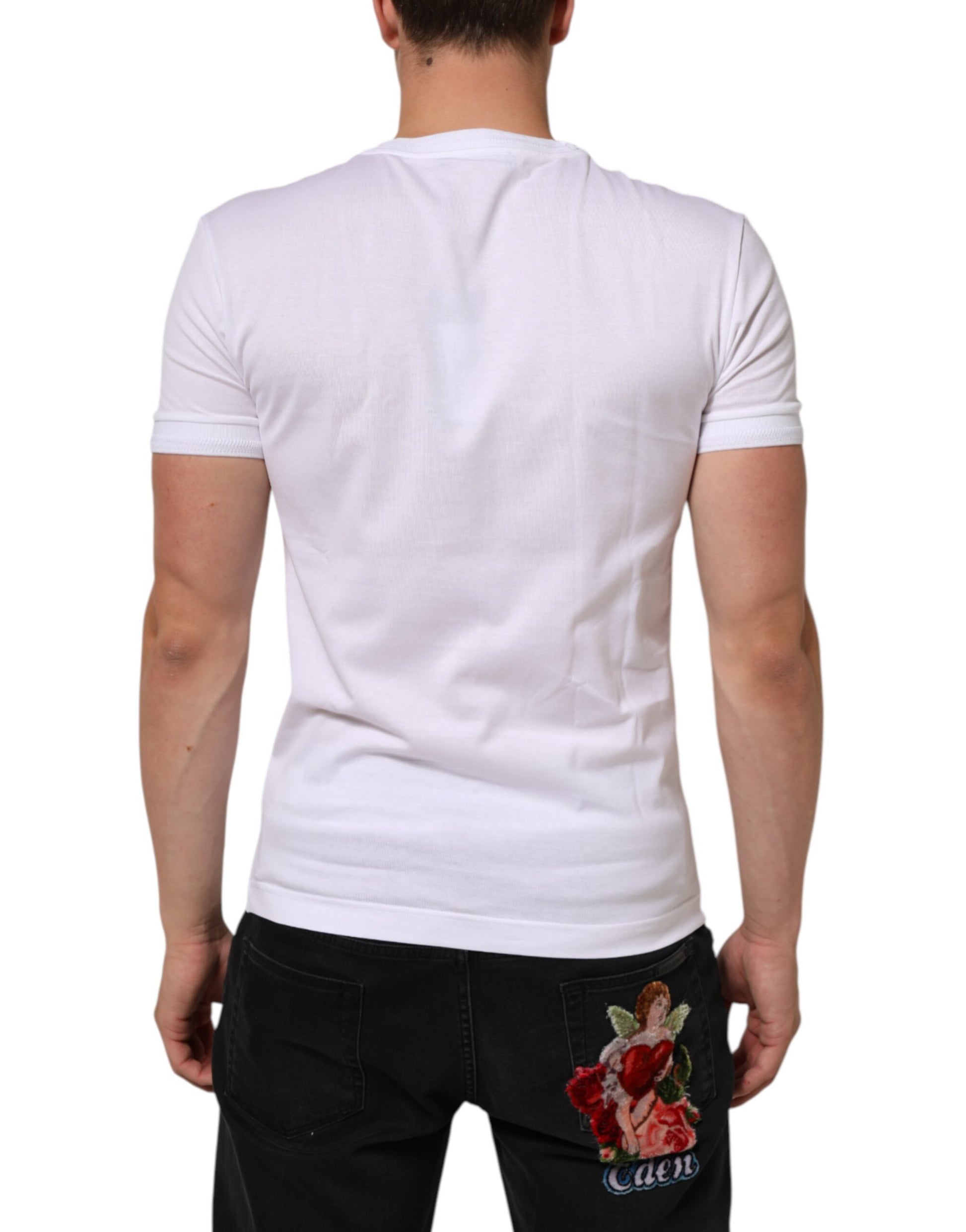 Dolce & Gabbana White Cotton Logo Patch Crew Neck  T-shirt