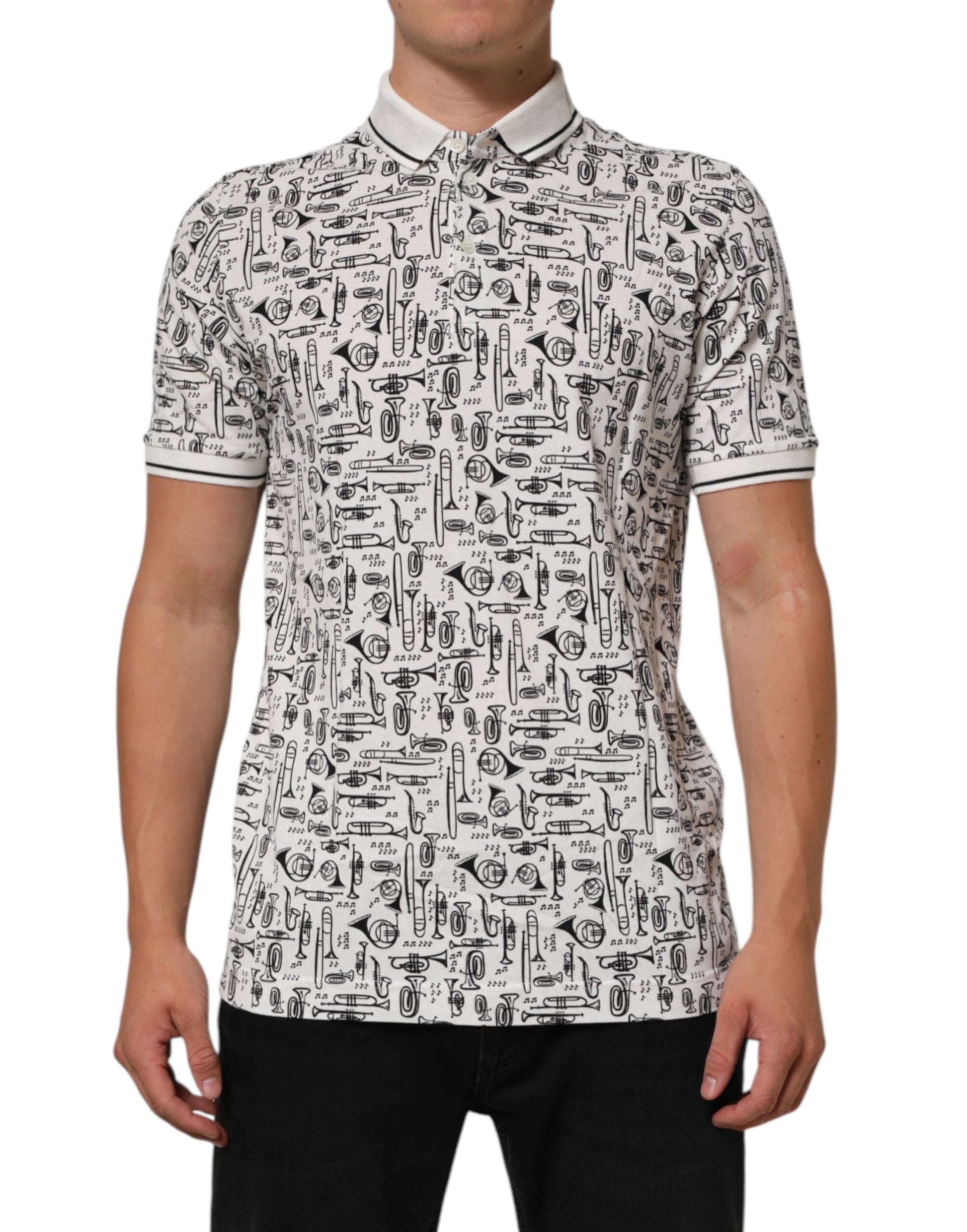 Dolce & Gabbana White Musical Print Collared Polo T-shirt