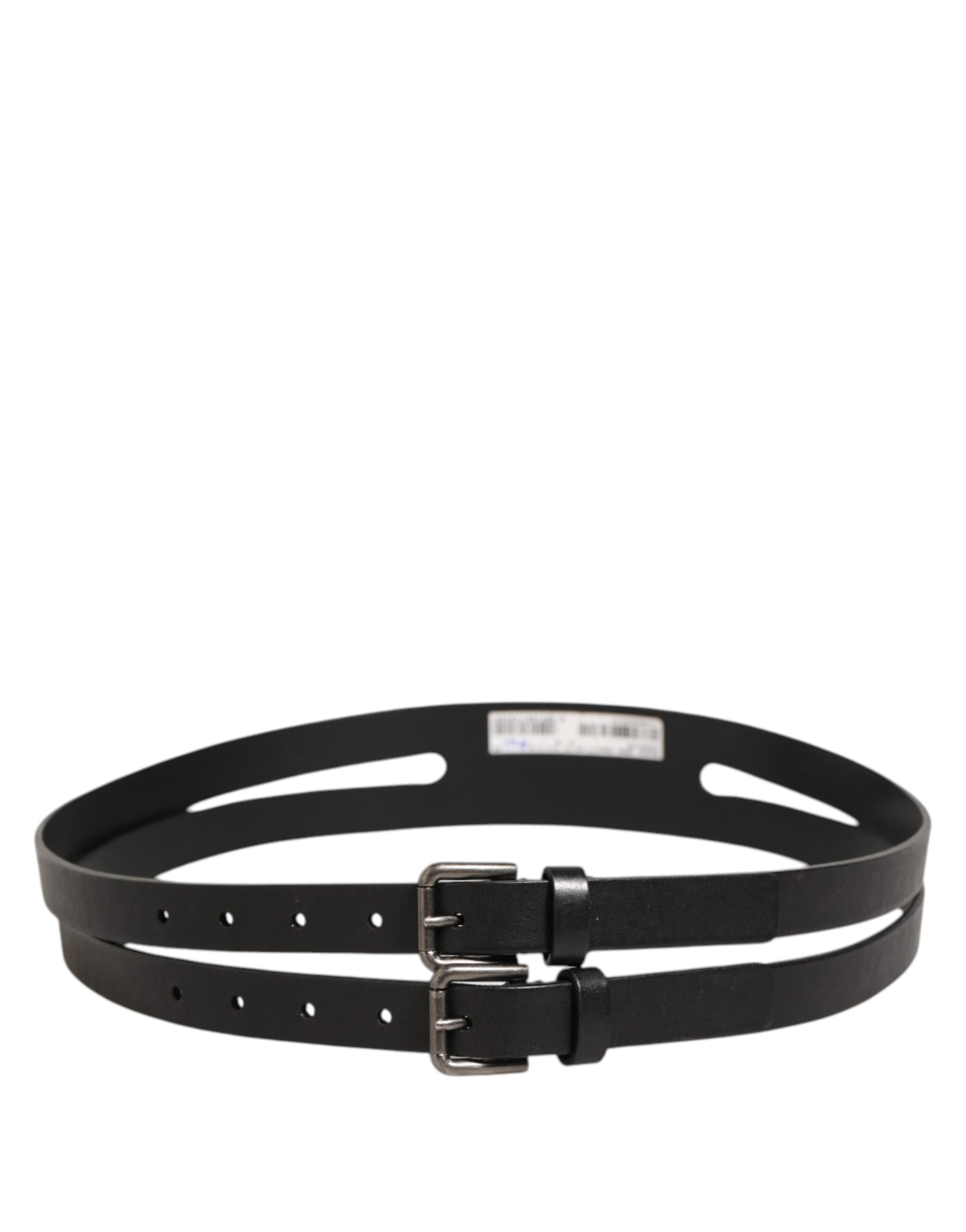 Dolce & Gabbana Black Double Strap Leather Silver Buckle Belt