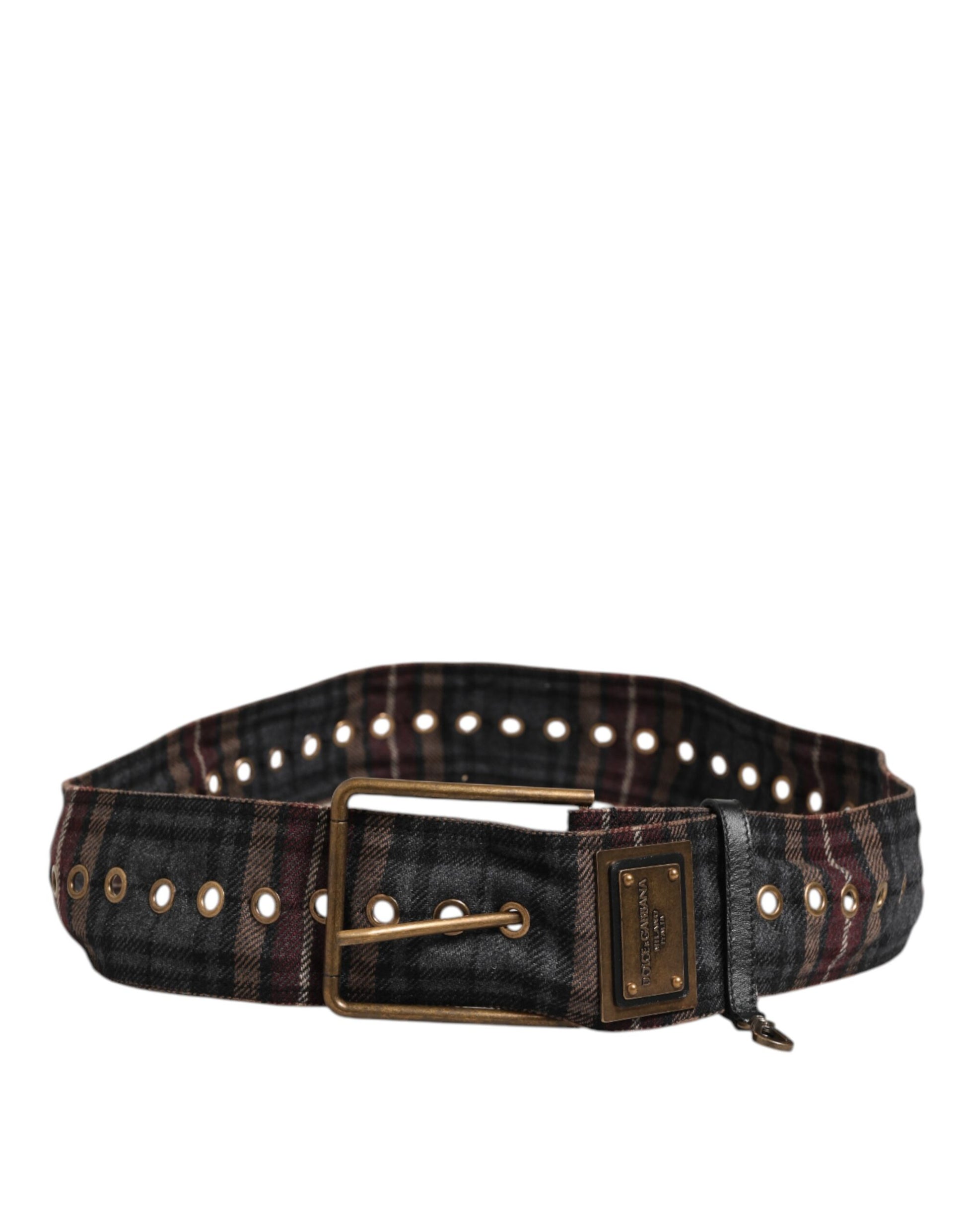 Dolce & Gabbana Plaid Fabric Logo Plate Brass Buckle Belt