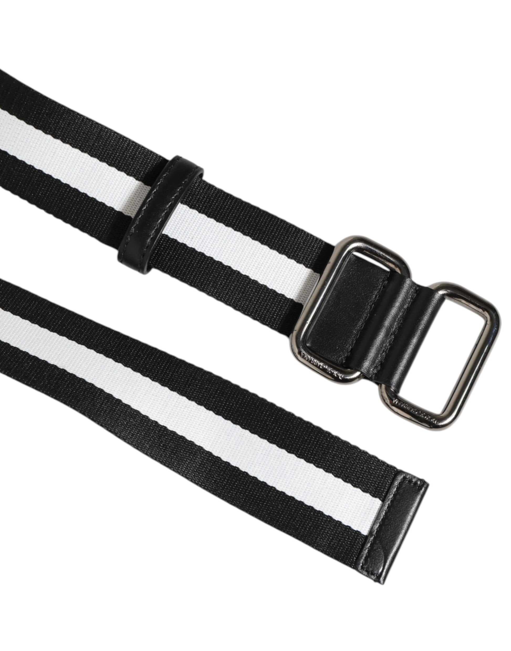 Dolce & Gabbana Black White Striped Logo Metal Buckle Belt