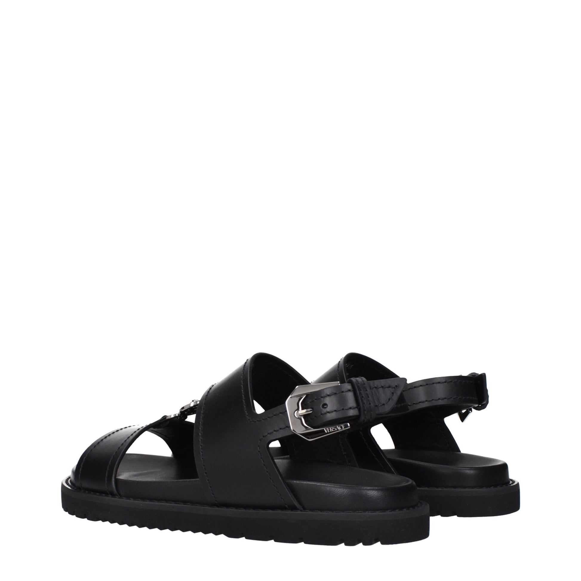 Versace Black Leather Flat Sandals