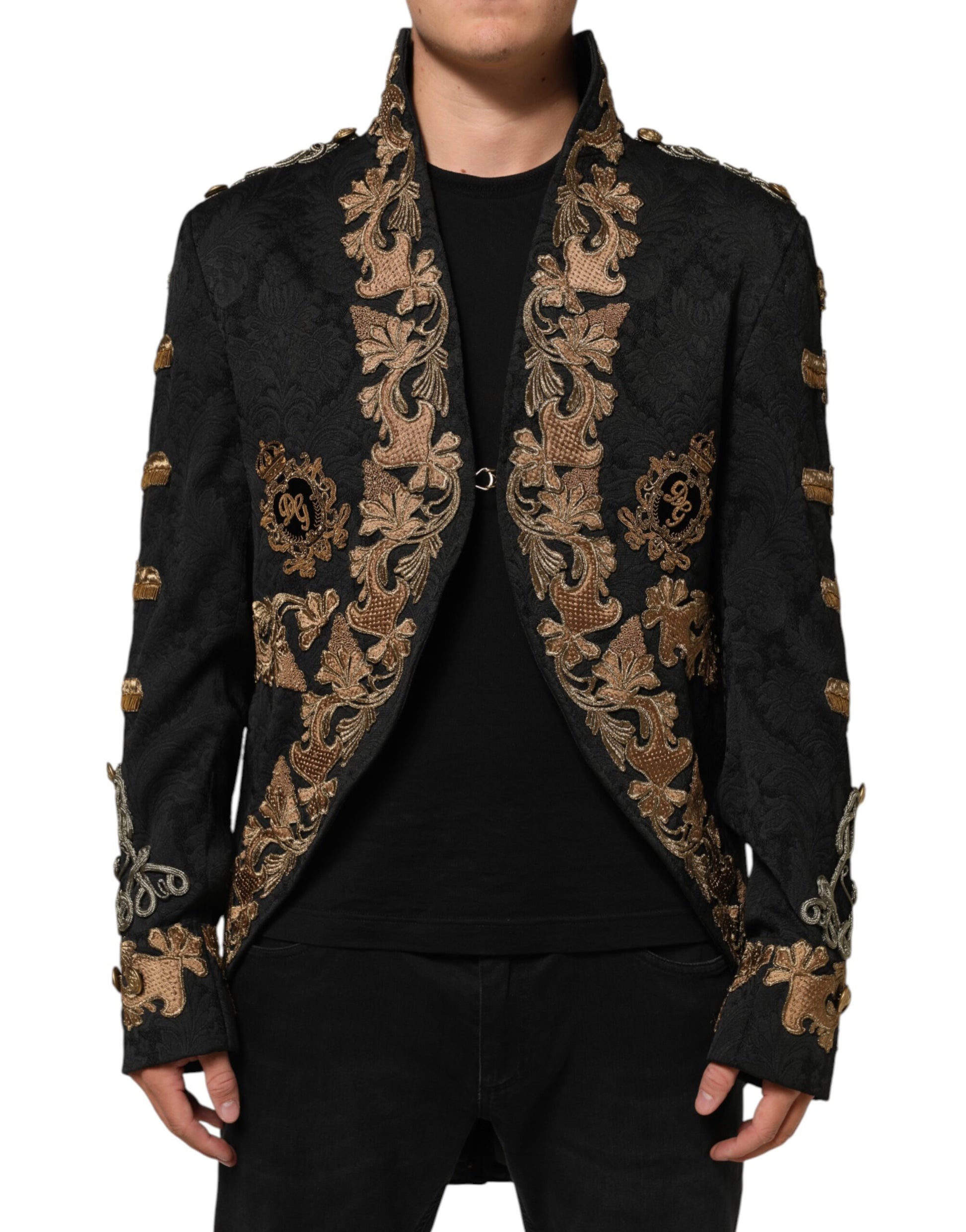 Dolce & Gabbana Black Brocade Embroidery Men Coat Jacket