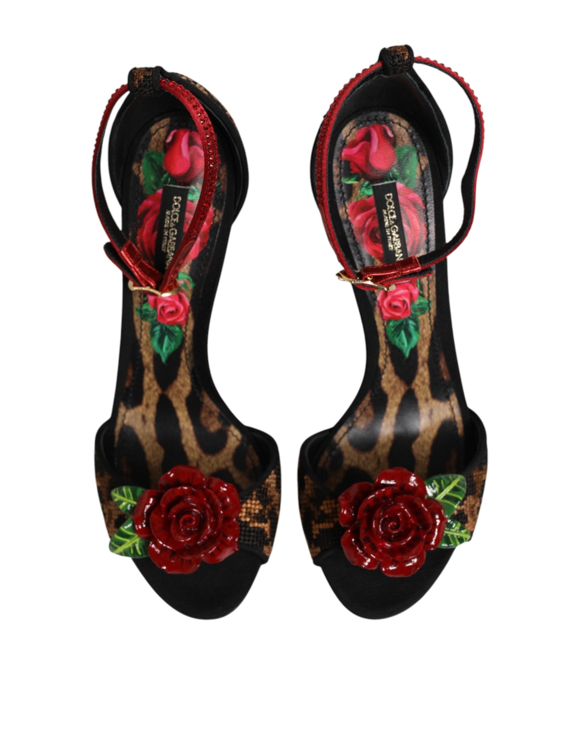 Dolce & Gabbana Brown Leopard Crystal Roses Sandals Shoes