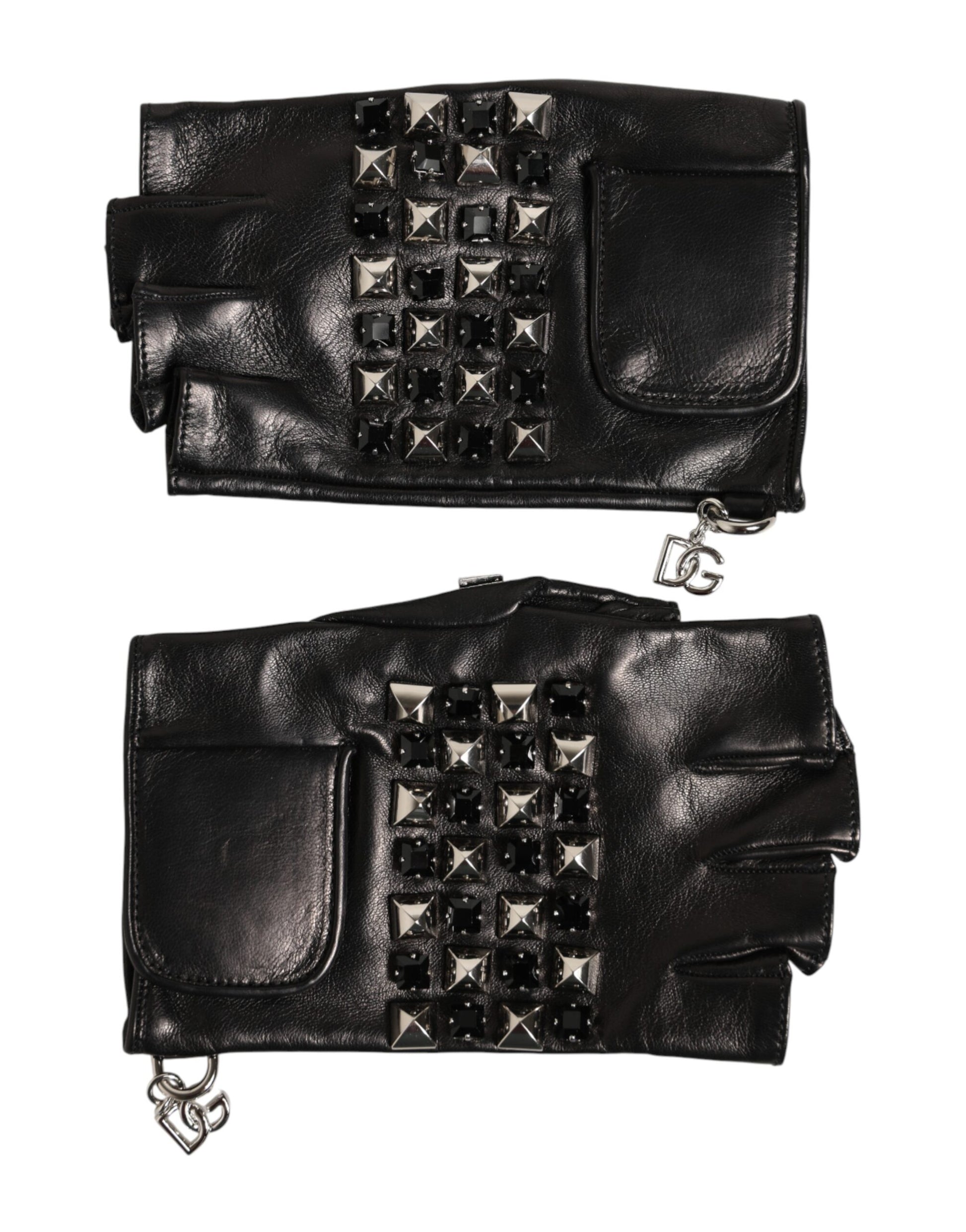 Dolce & Gabbana Black Leather Studded Fingerless Hand Mitten Men Gloves