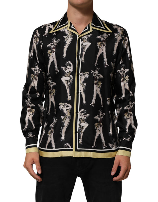 Dolce & Gabbana Black Silk Pin Up Printed Button Down Shirt