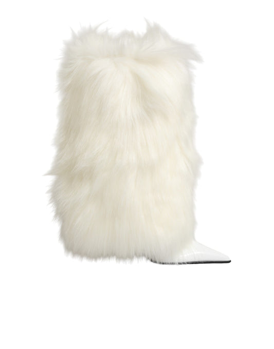 Dolce & Gabbana White Fur Pointed Knee High Stiletto Boots Shoes