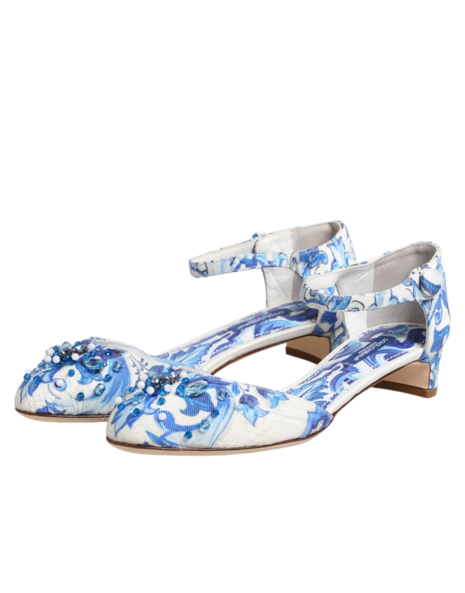 Dolce & Gabbana White Blue Floral Crystal Ankle Straps Shoes