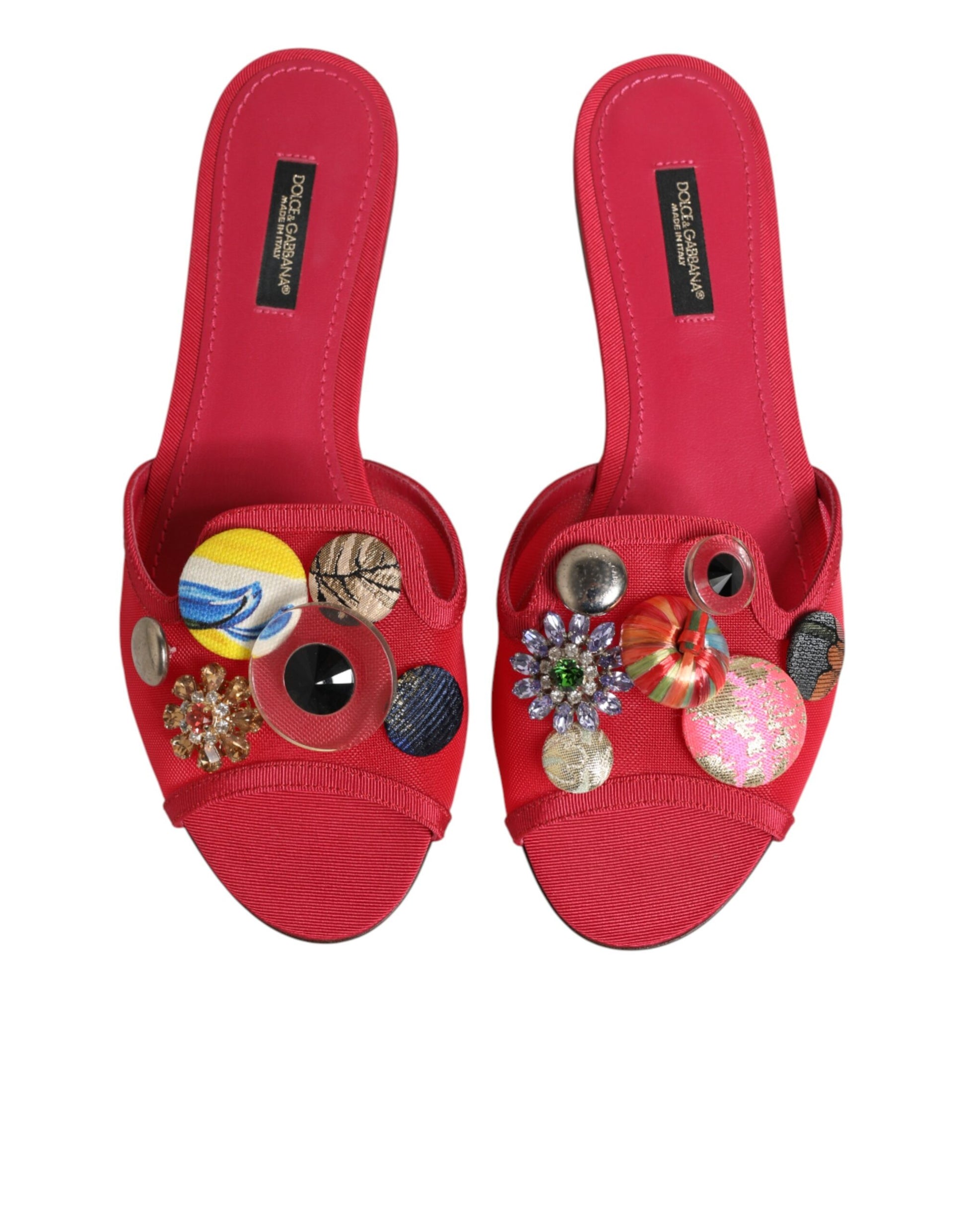 Dolce & Gabbana Red Embellished Flats Slip On Sandals Shoes
