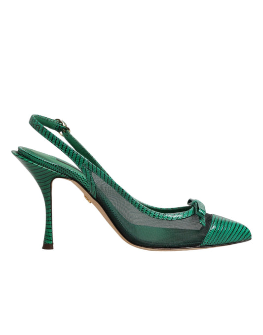 Dolce & Gabbana Green Leather Mesh Heels Slingback  Shoes