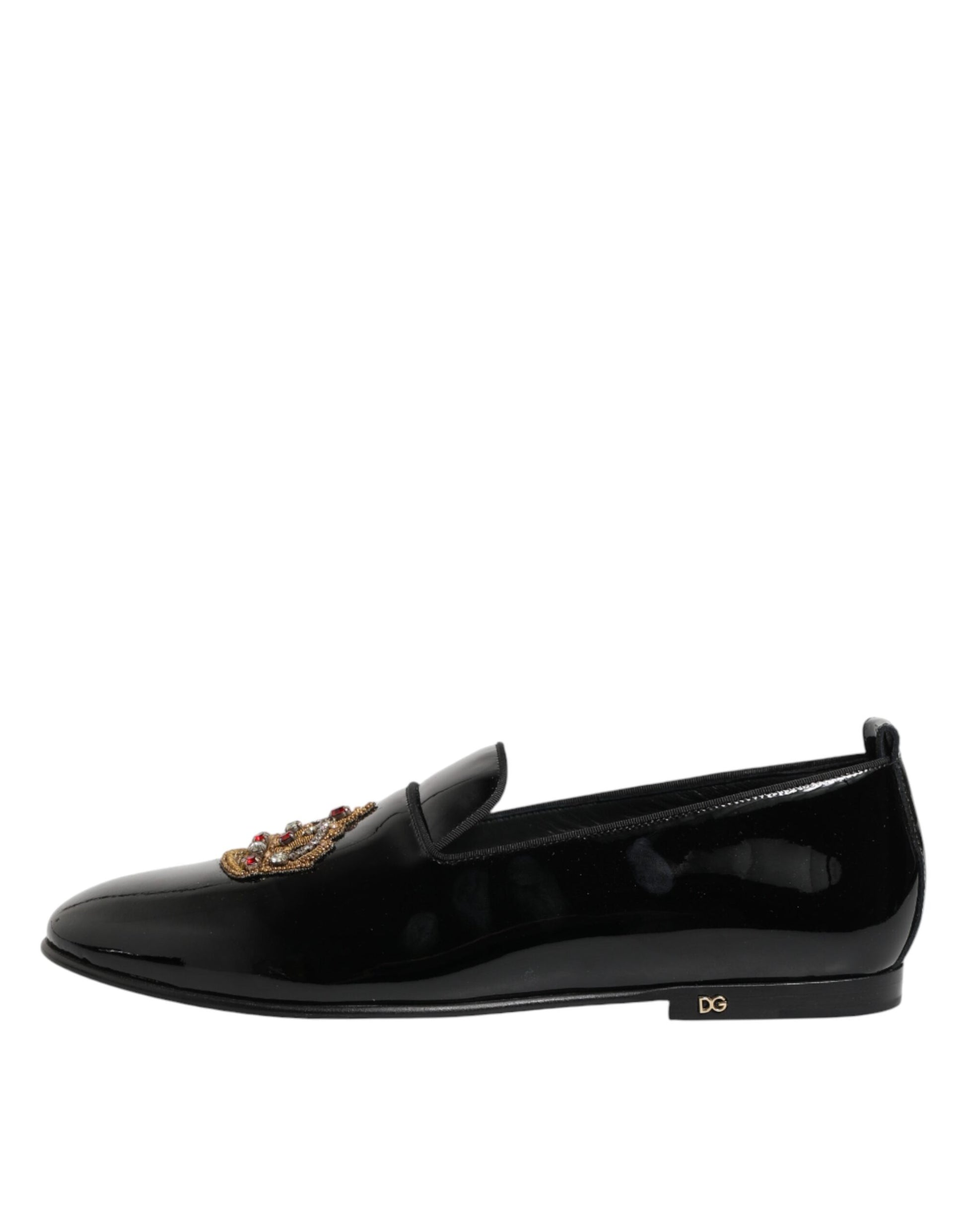 Dolce & Gabbana Black Leather Gold Crown Mens Loafers Shoes
