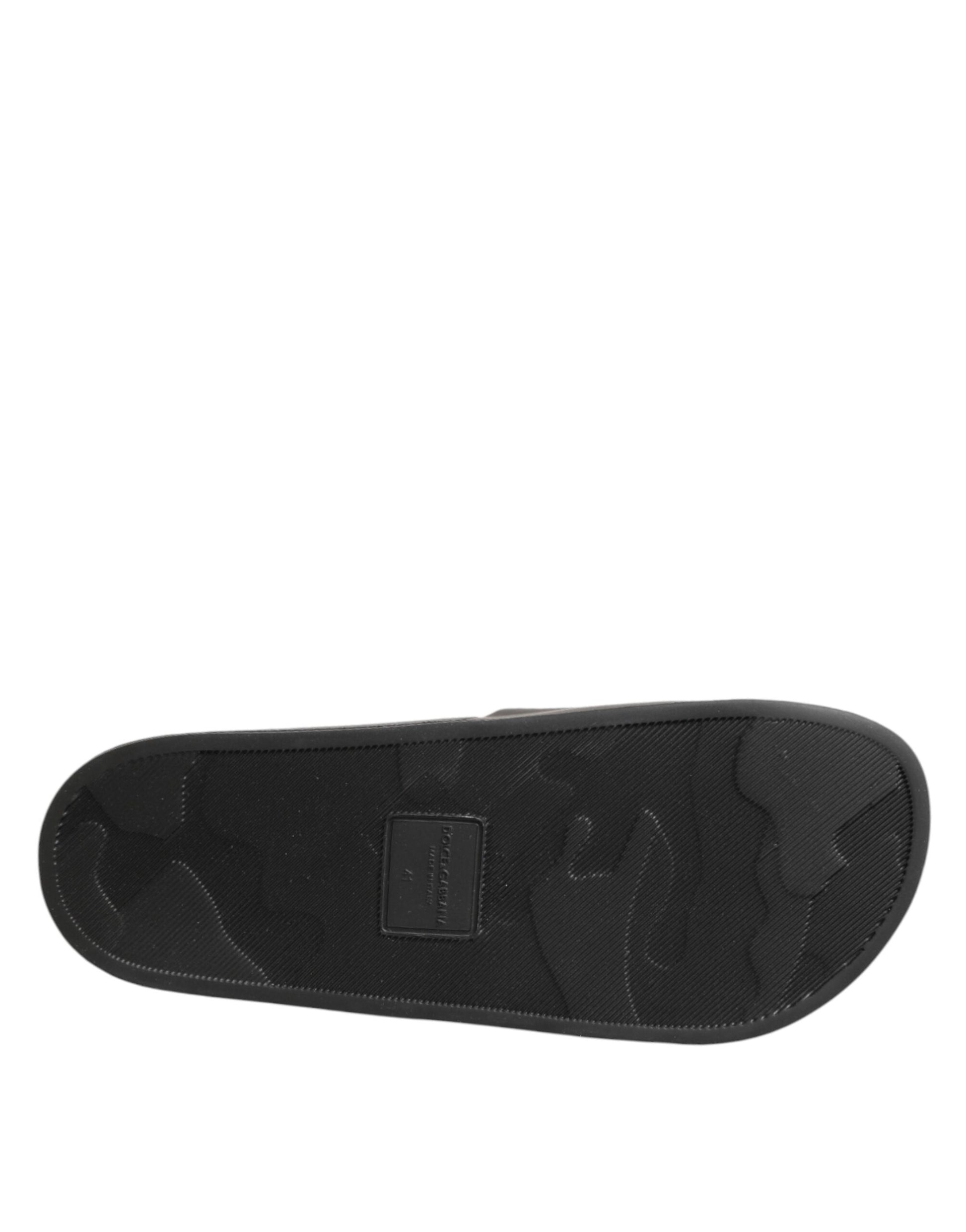 Dolce & Gabbana Black Leather Slides Sandals Beachwear Shoes