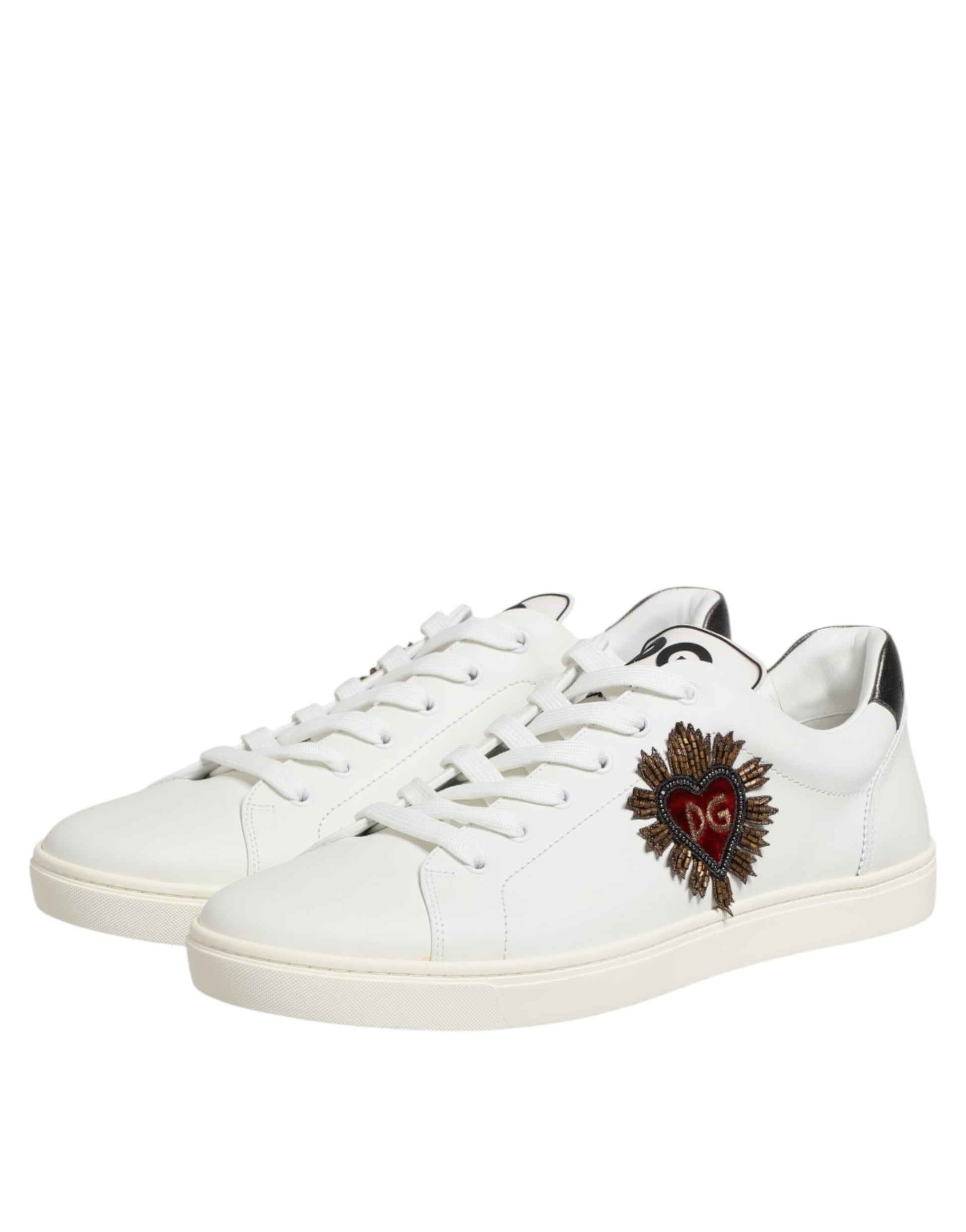 Dolce & Gabbana White Leather Heart Embellished Sneakers Shoes