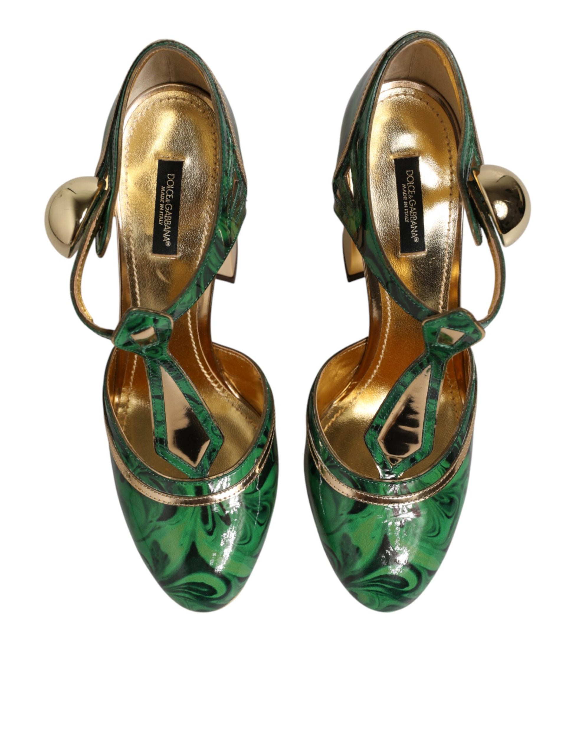 Dolce & Gabbana Green Leather T-STRAPS Heels Sandals Shoes