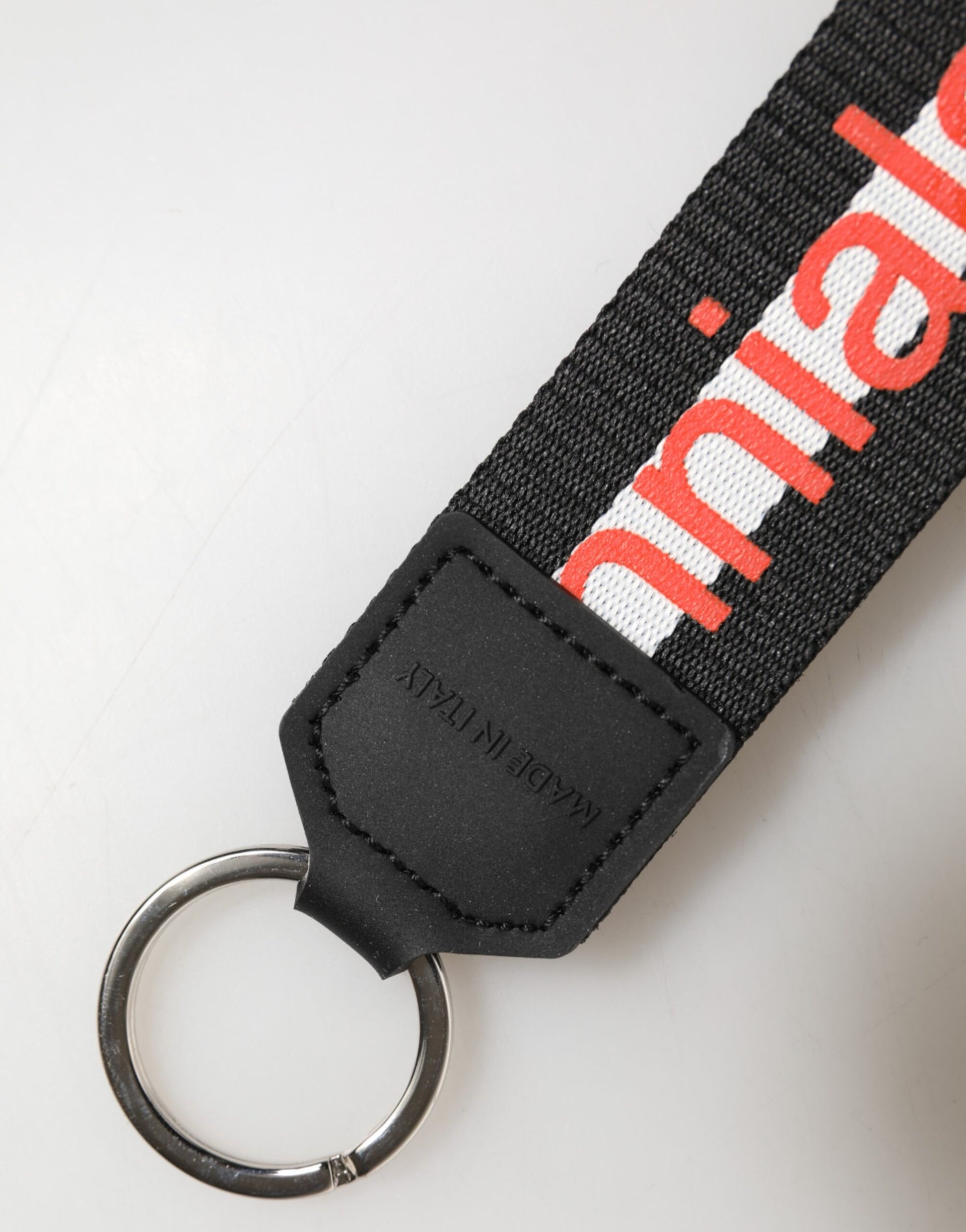 Dolce & Gabbana Black Logo Polyester Silver Brass Holder Keychain Keyring