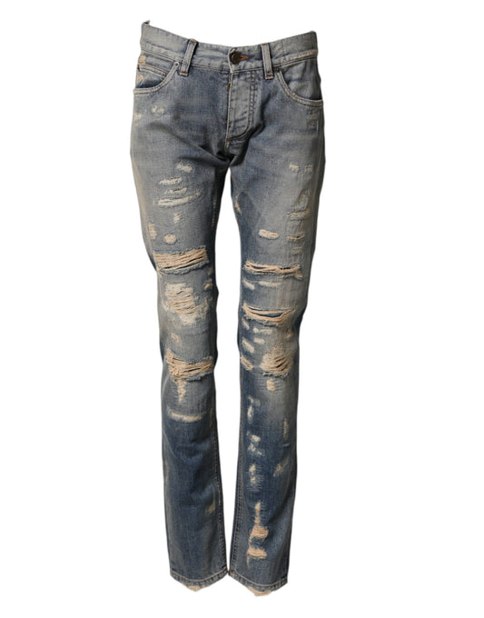 Dolce & Gabbana Blue Tattered Men Skinny Denim Trouser Jeans
