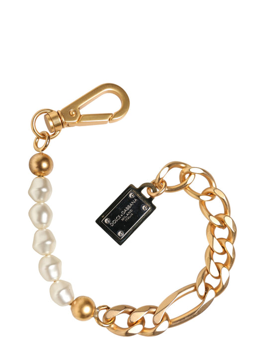 Dolce & Gabbana Gold Tone Brass Faux Pearl Logo Embellish Charm Bracelet
