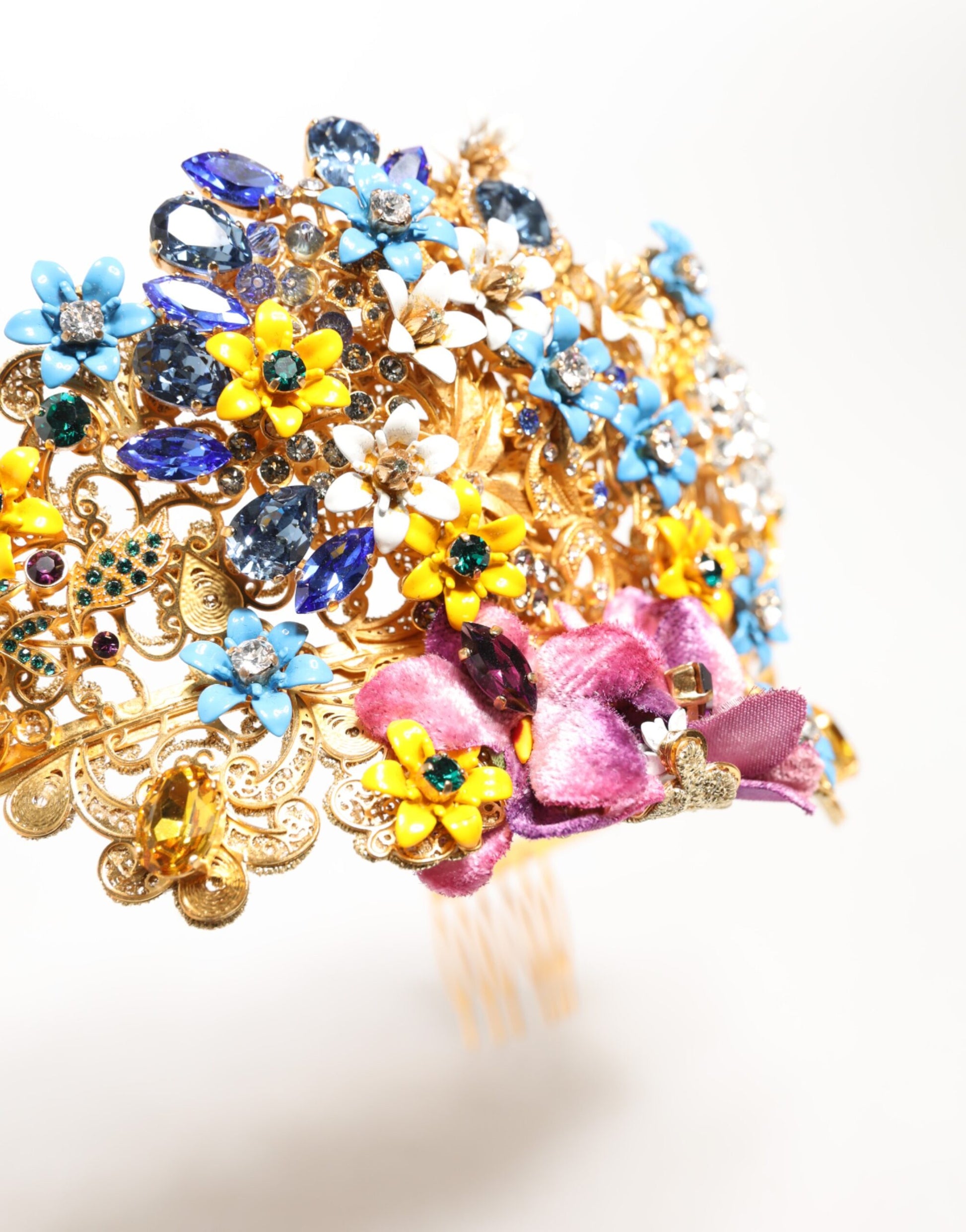Dolce & Gabbana Gold Brass Crystal Floral Hortensia Crown Headband Tiara