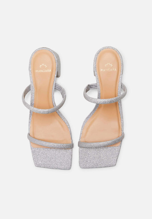 Mangará Atelier Silver Glitter Mules Maiate – Women’S 4 Cm Low Block Heel Slip-On Sandals
