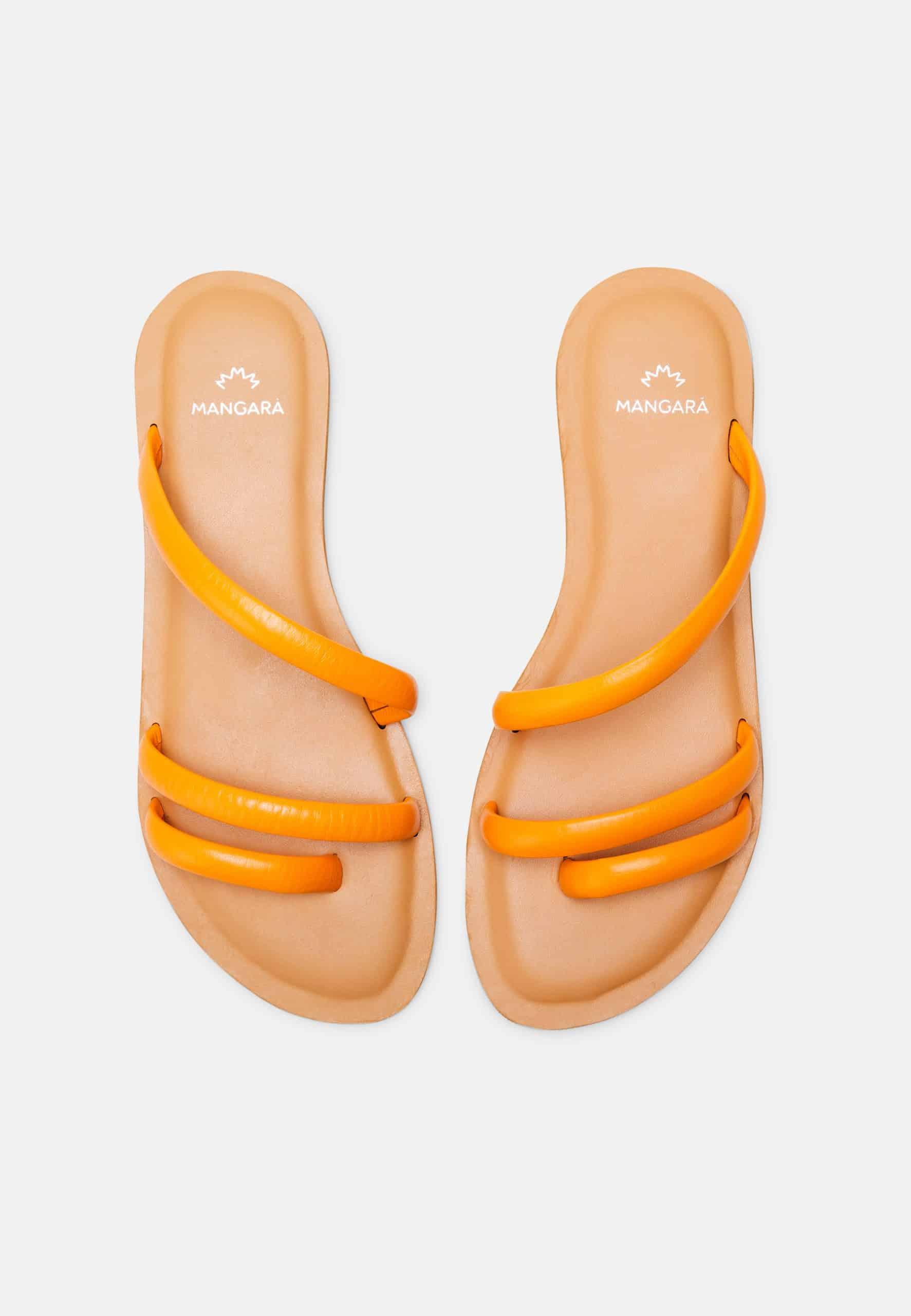 Mangará Atelier Orange Calf Leather Flat Sandals – Women’S Minimalist Three-Strap Slides