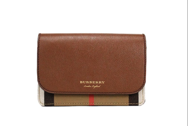 Burberry Hampshire Small House Check Canvas Tan Derby Leather Crossbody Bag
