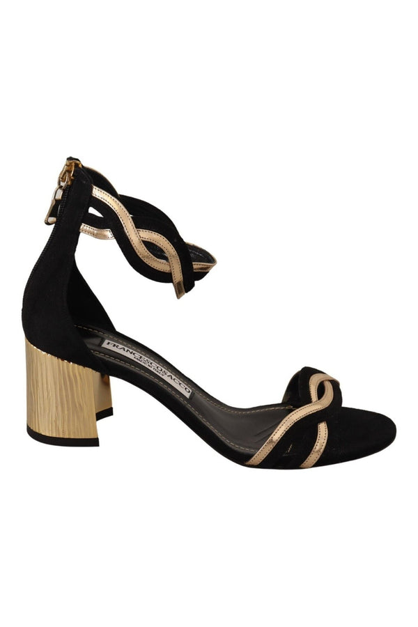 FRANCESCO SACCO Black Gold Leather Suede Ankle Strap Heels Shoes